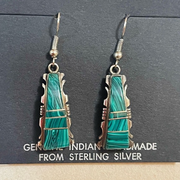 Native American Navajo Sterling Silver Malachite Dangle Earrings Signed - Picture 2 of 10